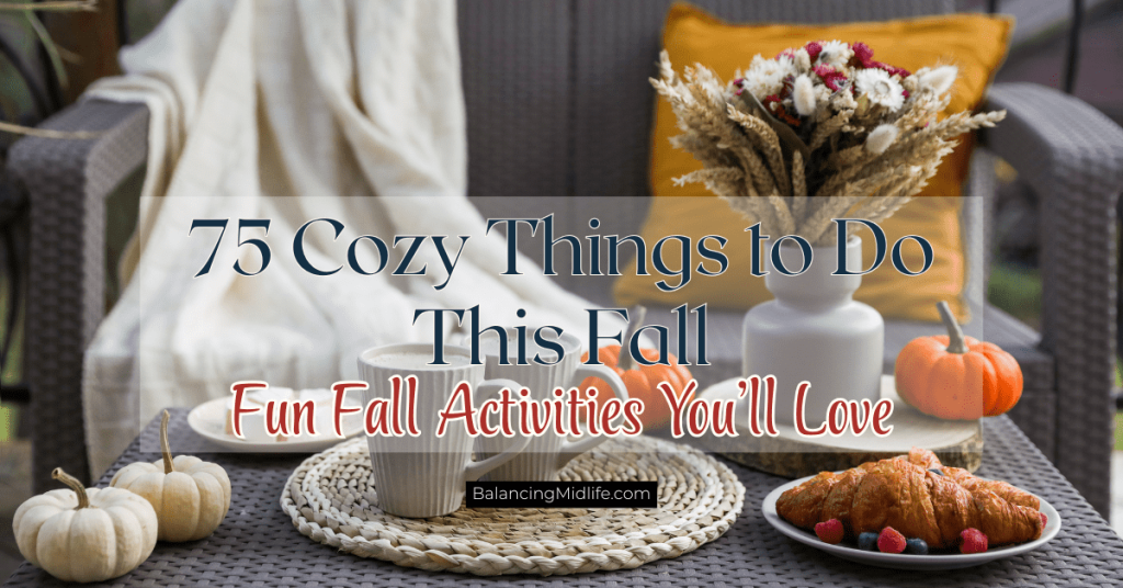Cozy fall porch with pumpkins, mums, blanket, and coffee featuring fun fall activities to enjoy this season.