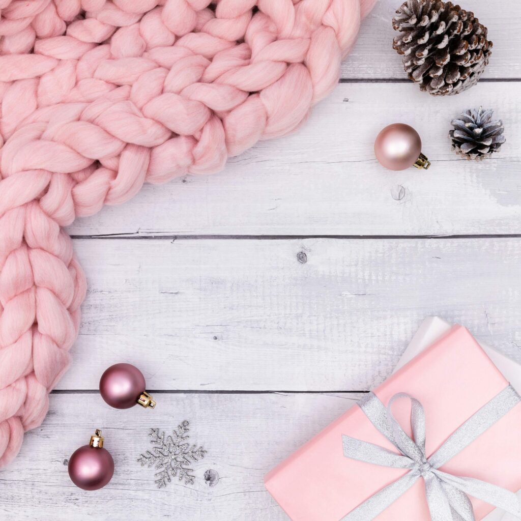 gift box and holiday ornaments
