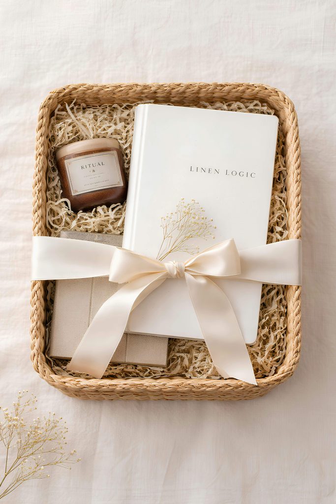 candle and book in a gift basket
