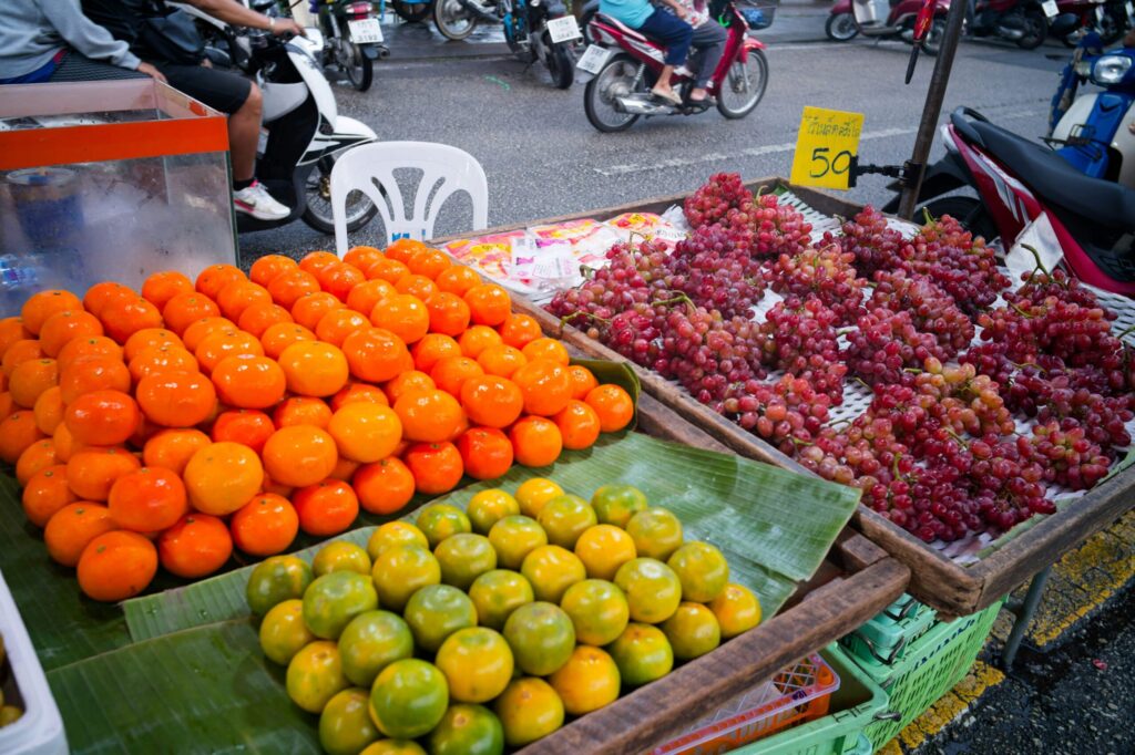 Fresh seasonal fruits and vegetables at a local farmer’s market for spring activities