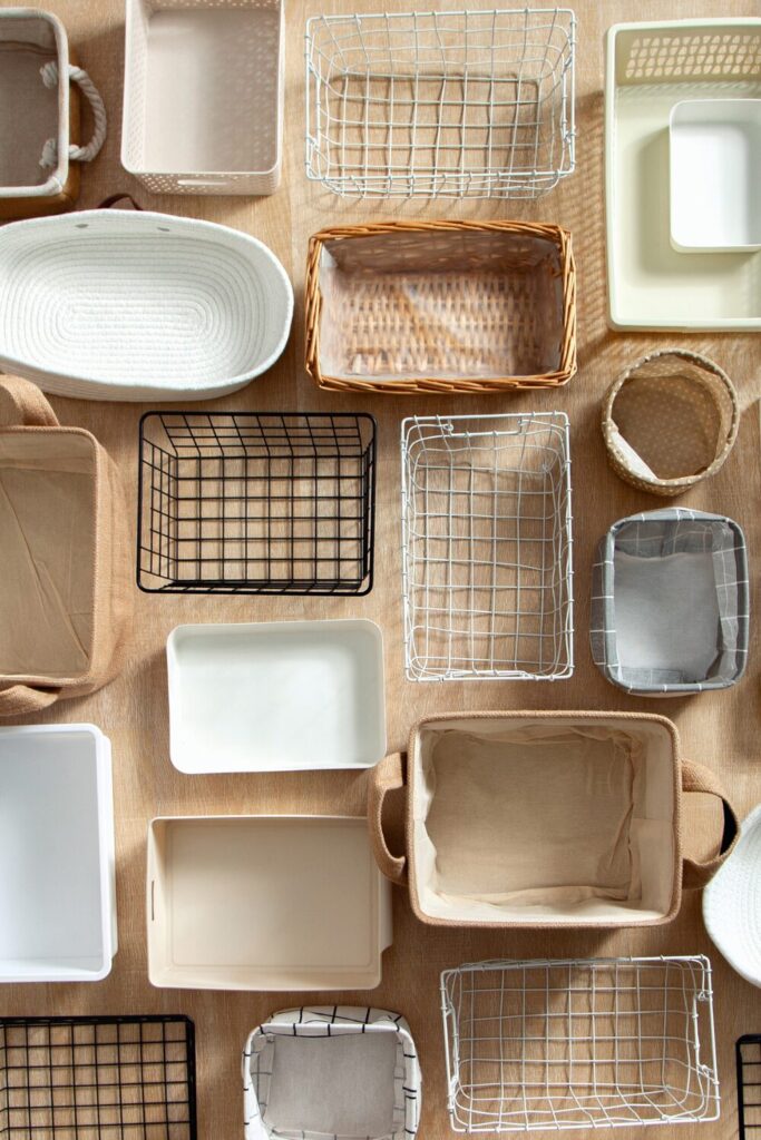 workspace organization bins and baskets for decluttering desk