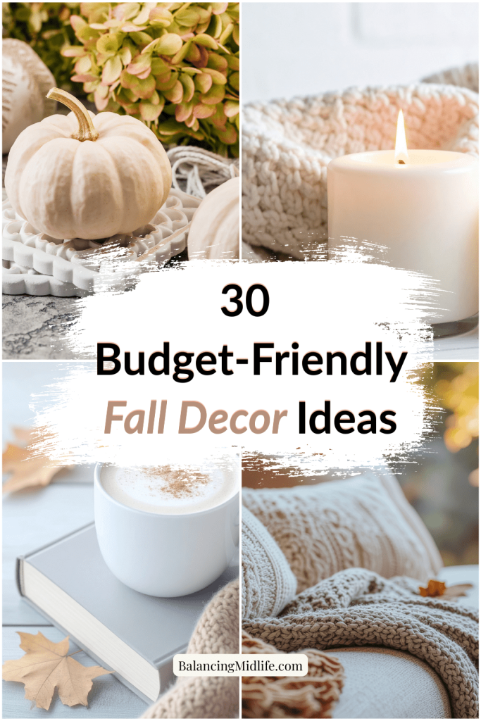 Budget-friendly fall decorating ideas featuring affordable pumpkins, cozy blankets, candles, and seasonal home decor.