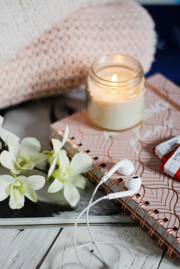 cozy journal set-up to write positive affirmations for anxiety and depression 