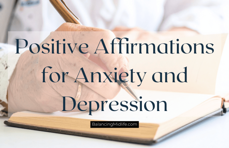 woman journaling positive affirmations for anxiety and depression in calm home setting