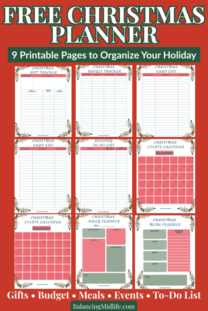 Free Christmas planner with 9 printable pages for organizing gifts, budget, meals, events, and holiday tasks