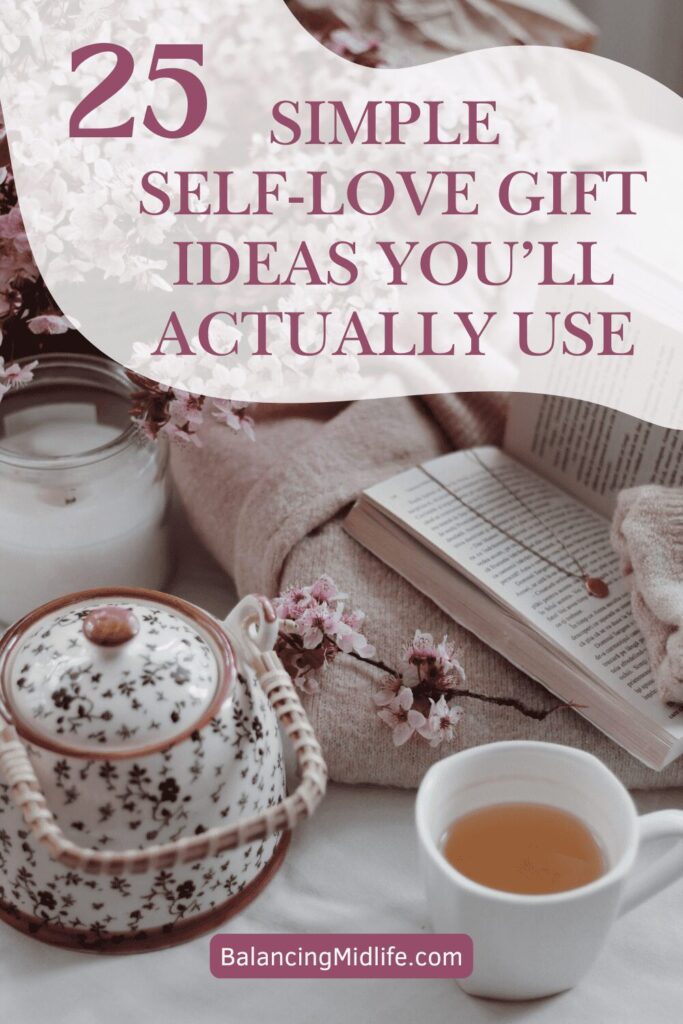 Flatlay of journal, flowers, tea pot and cozy items as self-love gift ideas for daily self-care