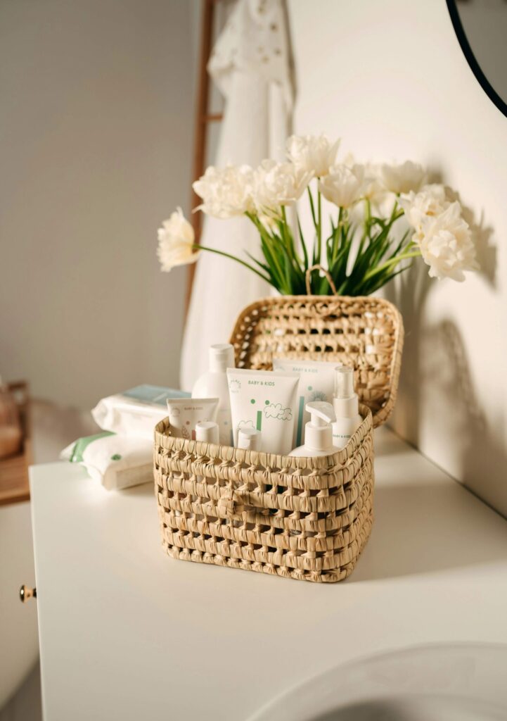 organized basket filled with self-care items