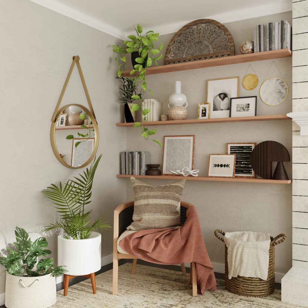 cozy organized area with chair and books to practice self-care