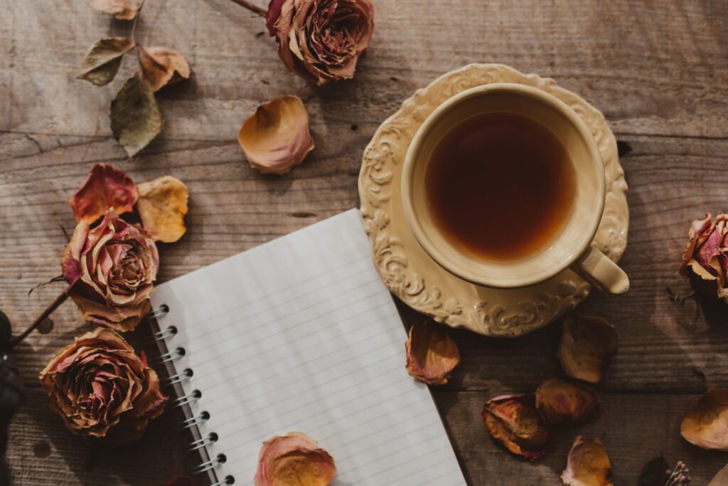 fall journaling prompts/journal with cup of tea