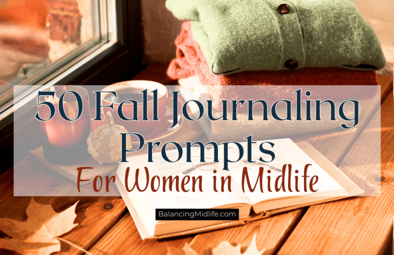 Woman in midlife reflecting with a cup of tea during autumn, preparing to journal using fall journaling prompts for reflection and mindfulness.