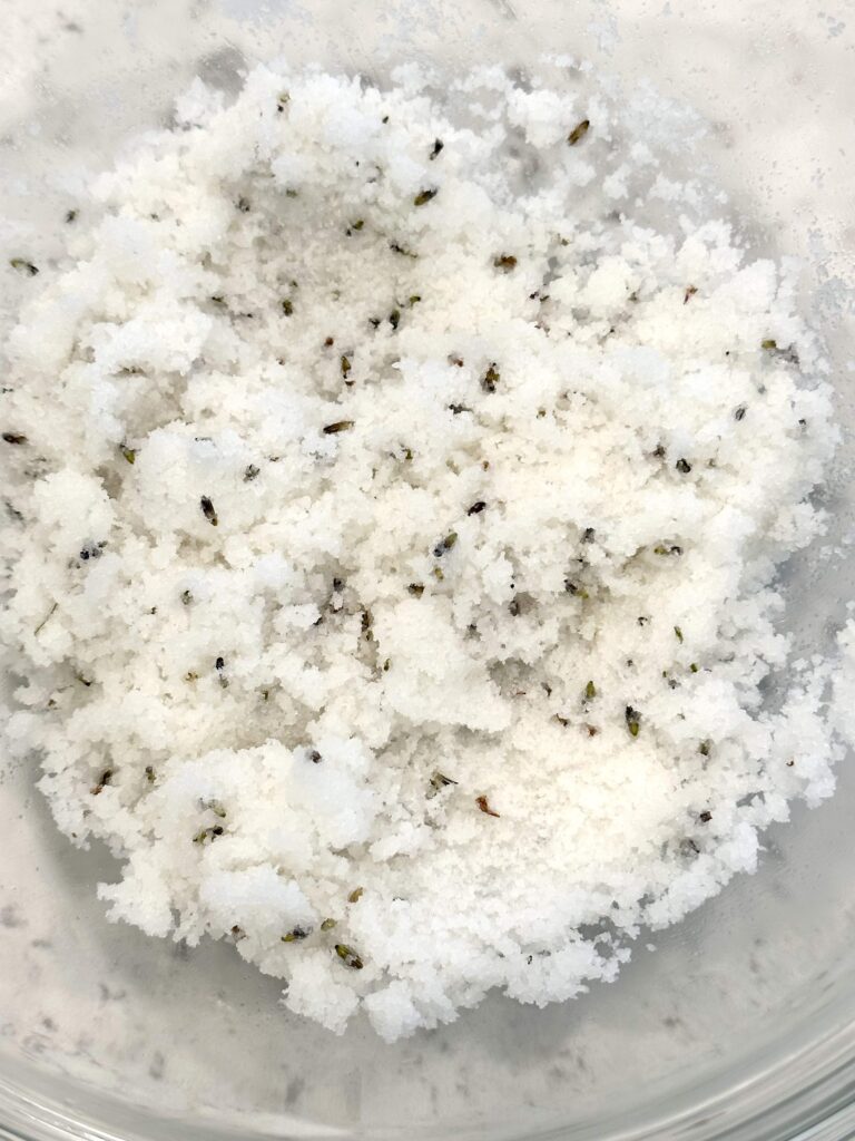 Lavender sugar scrub in a bowl