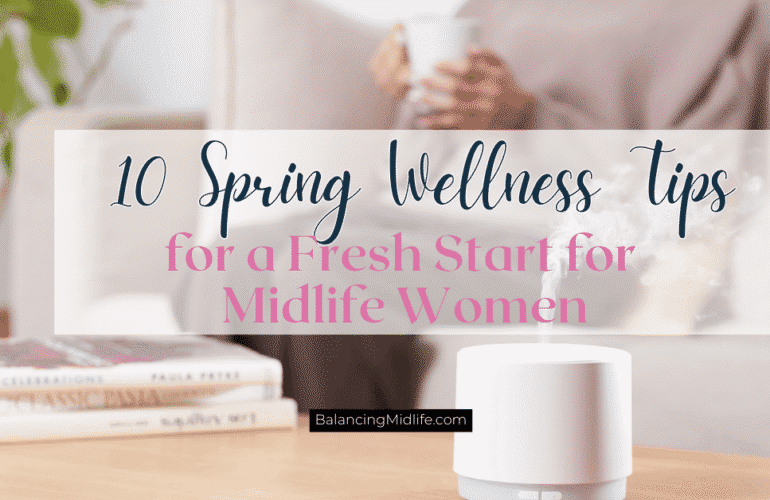 Midlife woman practicing spring wellness at home, sitting on a couch with a cup of coffee, books, and an essential oil diffuser nearby