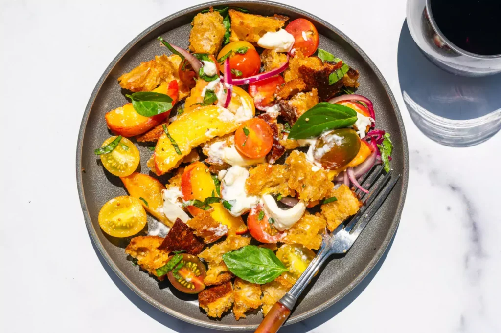 sourdogh panzanella with burrata and peaches salad