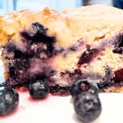 lemon blueberry cream cheese cake on a plate