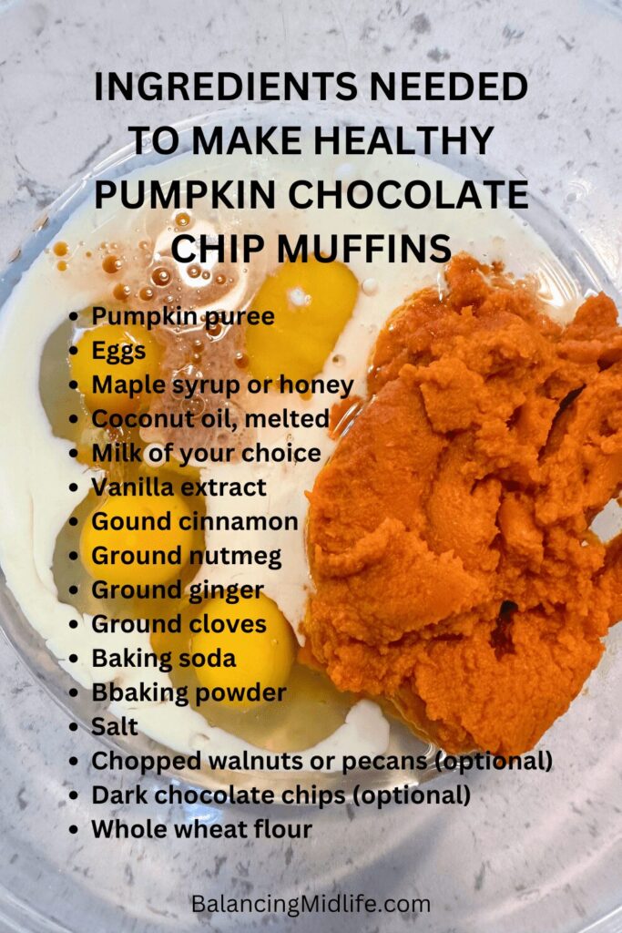 Ingredients needed to make pumpkin chocolate chip muffins