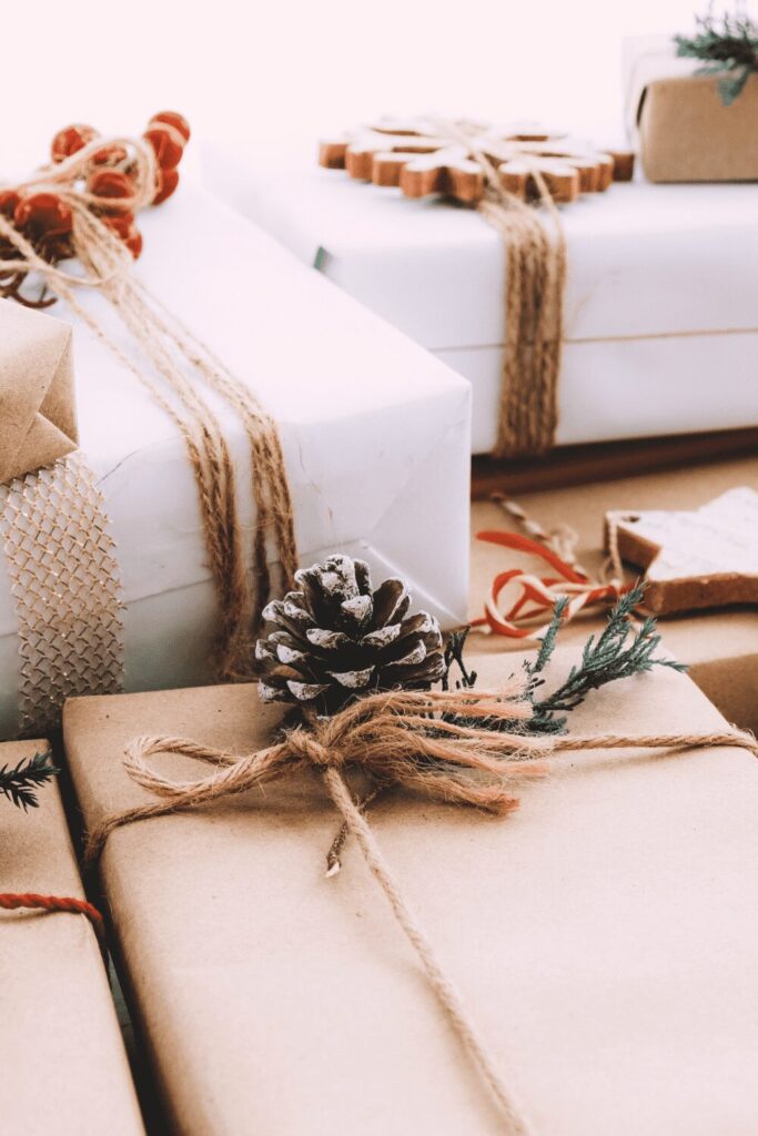 christmas presents wrapped in rustic paper