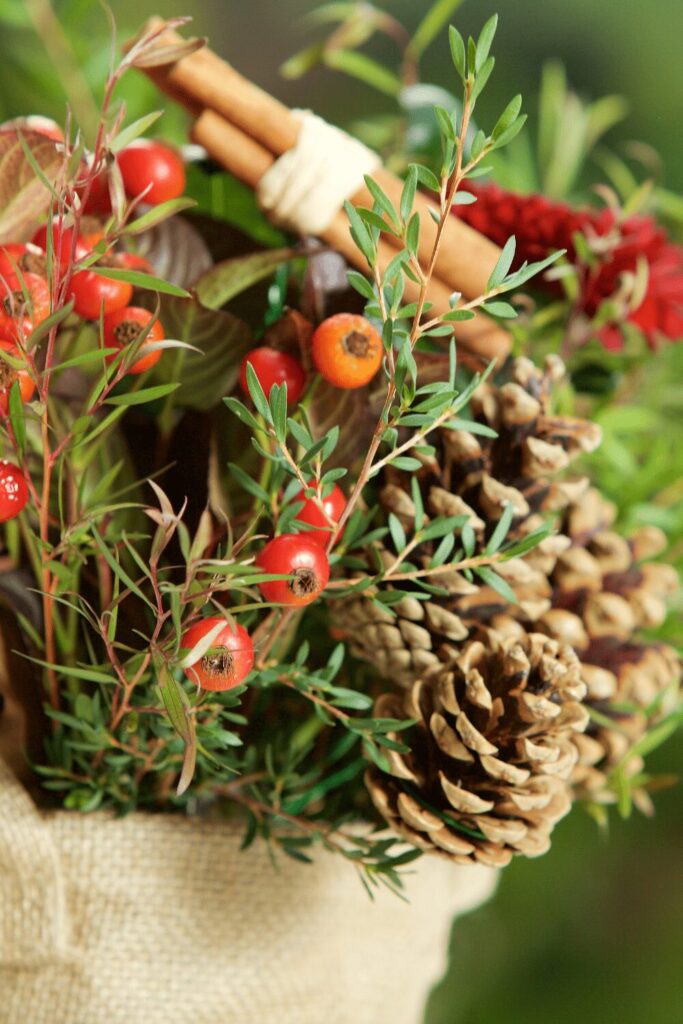 christmas greenery in a burlap bag