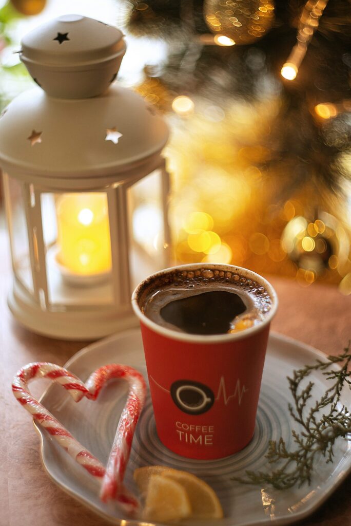 A cozy morning coffee in a holiday settingfor mindful holidays.