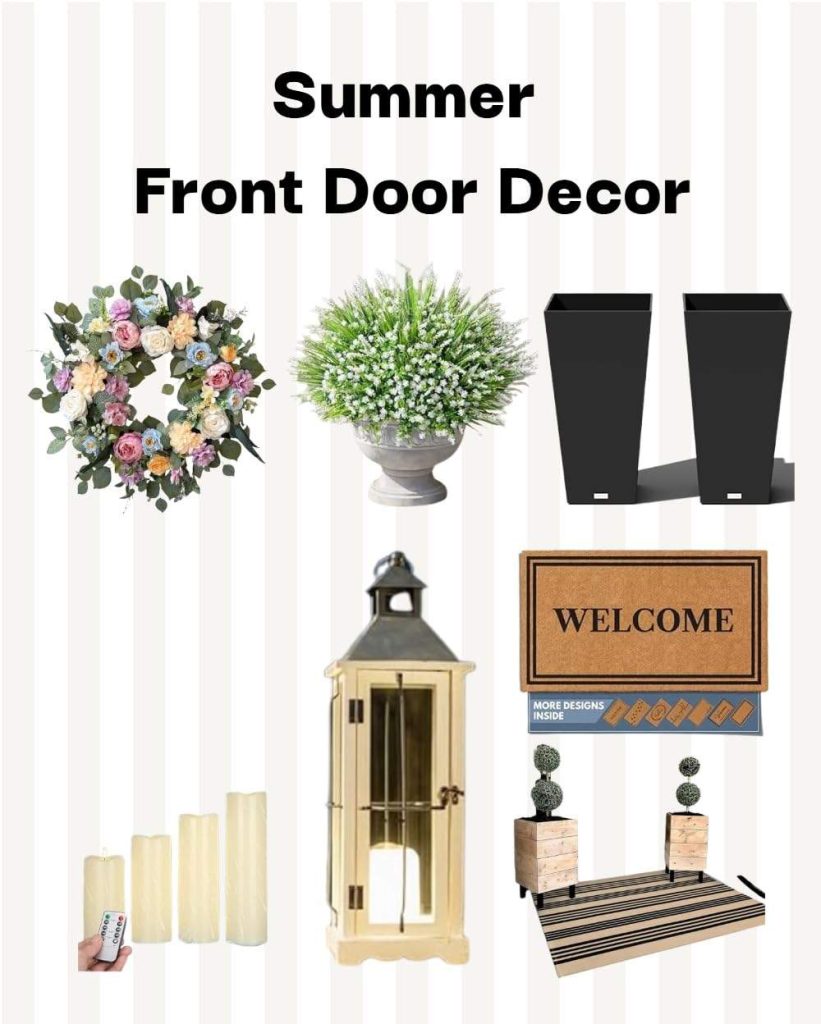 collage of all items used to create easy summer front door ideas