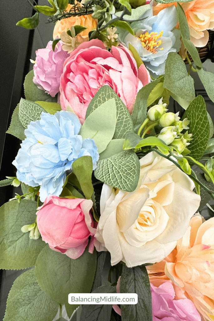 close-up of wreath for summer front door decor